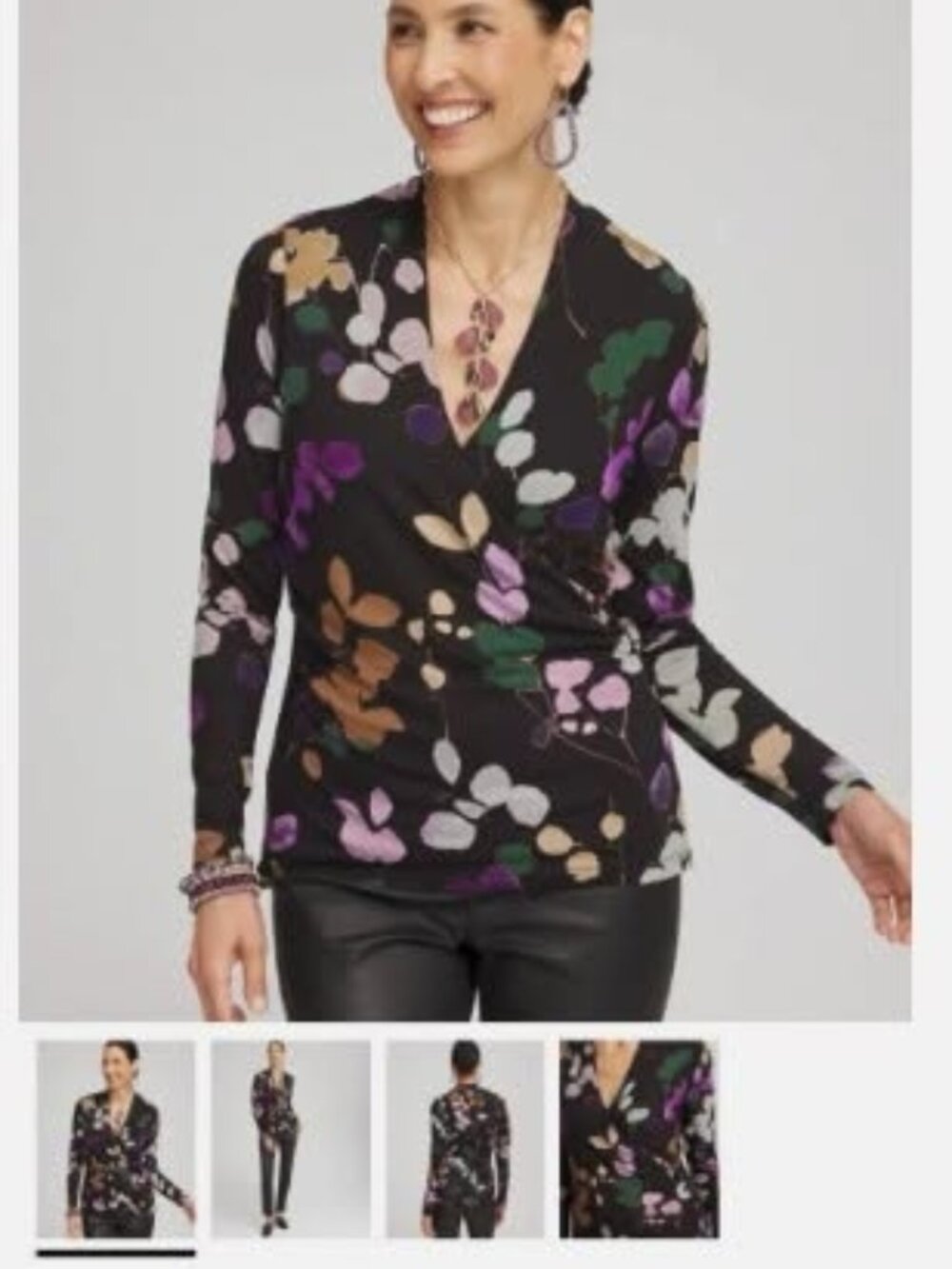 NWOT CHICO'S V-NECK LONG SLEEVE FLORAL WRAP TOP.